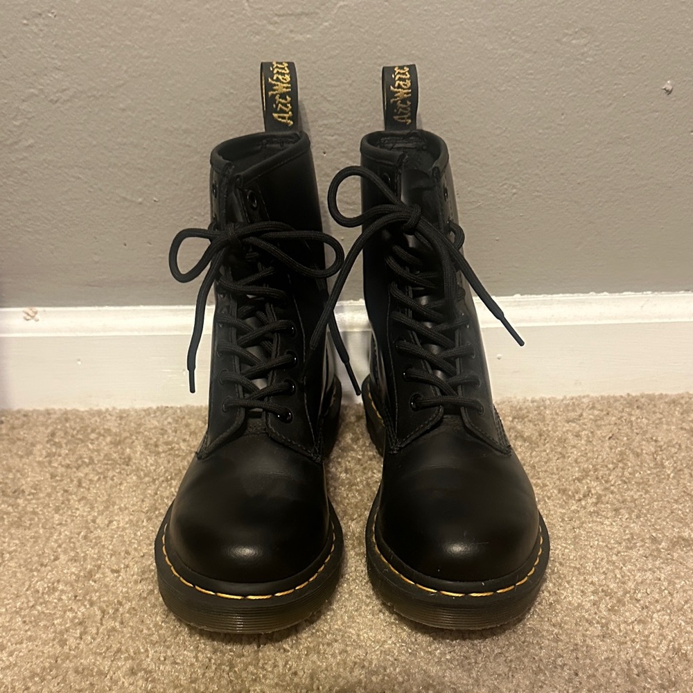 Dr. Martens Black Combat Boots with Yellow Stitching. Style 1460